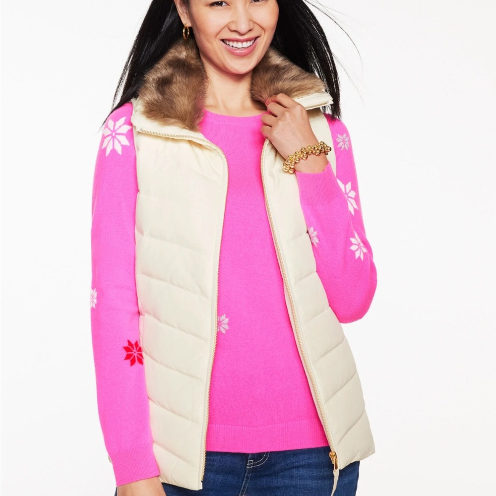 Talbots Cream Vest‎ with Faux Fur Trim Size Medium